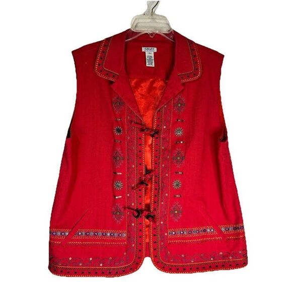 GRAFF‎ Um Co - Sz XL Southwest Embroidered Western Red Vest Jacket Cotton Blend - Picture 1 of 11
